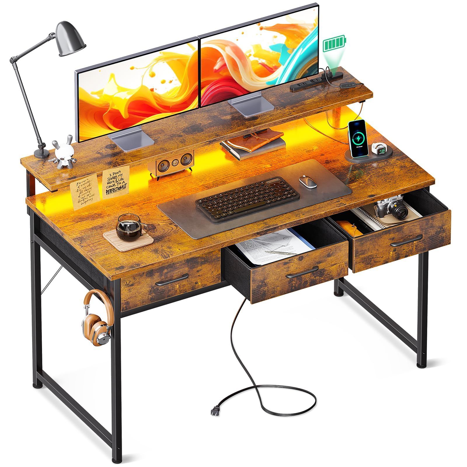 新着商品 コンセント-LED付き desk computer 子 ゲームデスク pcデスク 机 モニター台付き 幅120cm 在宅ワーク 引き出し付き ゲーミングデスク 一人暮らし パソコンデスク ビンテージ ODK