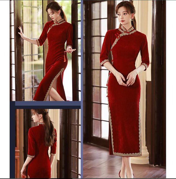 ロング チャイナドレス 秋冬向け 五分袖 厚手 チャイナ ドレス 中華ドレス レース縁取り レディース 中国風 結婚式 パーティー 二次会 ドレス シェニール織 穏やか 上品 中華服 xzxiaoyun167