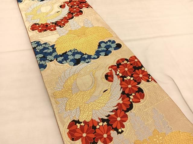 平和屋着物◎六通柄袋帯 唐織 雲取り飛鶴吉祥文 金