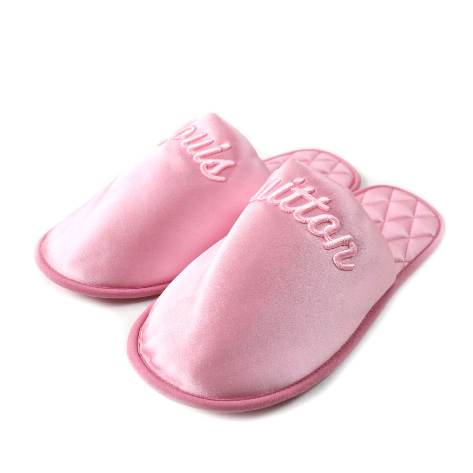極美品★LOUIS VUITTON ルイヴィトン LVスイート・ライン ミュール ロゴ刺繍入り サテン ルームシューズ スリッパ ピンク 36-37 保存袋付き イタリア製 レディース