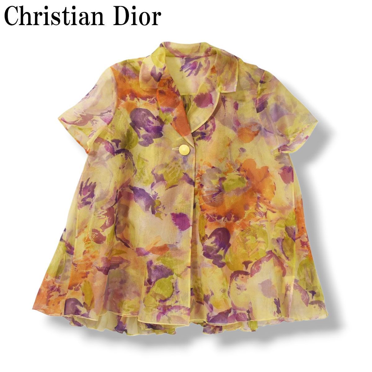 優雅 ヴィンテージ クリスチャンディオール ChristianDior ミス ディオール Miss Dior 花柄 シアー素材 半袖 ブラウス プリーツ シャツ M イエロー系 レディース ♪