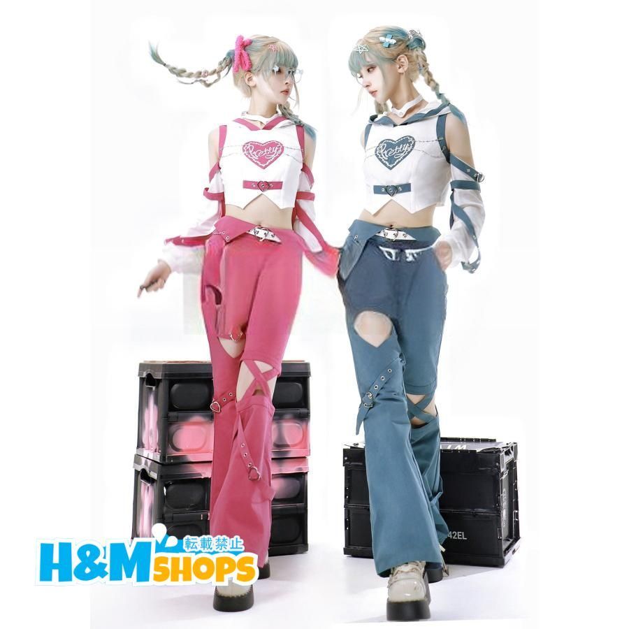 ハート柄 ギャル 少女風 ストリート系 ロリータ服 lolita コスプレ衣装 パンタロン 日常服 ピンク ブルー 刺繍ハート イベント ハロウ