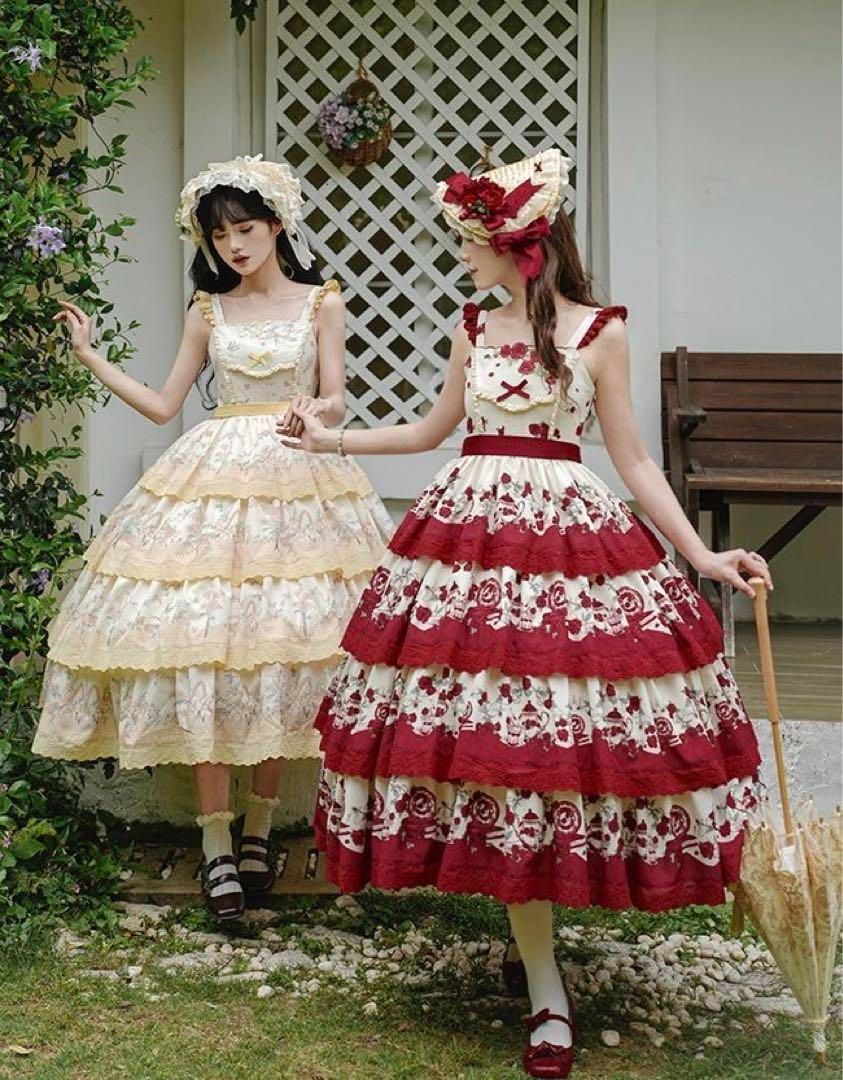 【朝花夕拾】田園プリント 刺繍四段振り jsk ロリータドレス 森ガール レッド 手紙と詩☆朝花夕拾】田園プリント刺繍四段振りjskロリータ