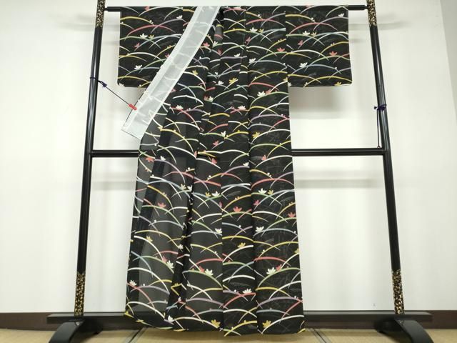 平和屋着物＊夏物 小紋 絽 草花文 黒地 銀彩 正絹 逸品