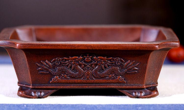 中国宜興 長方竜盆 紫砂の鉢 盆栽鉢 植木鉢 小品盆栽鉢 大