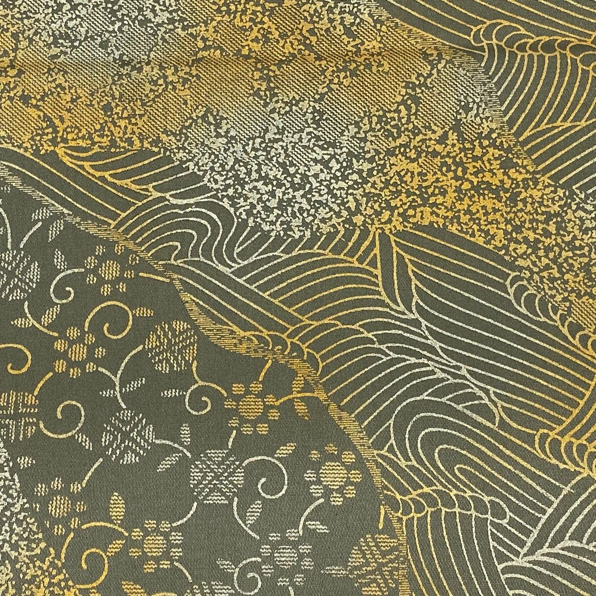 袋帯 美品 秀品 草花 霞 金糸 金銀彩 灰緑 お太鼓柄 正絹 【中古】