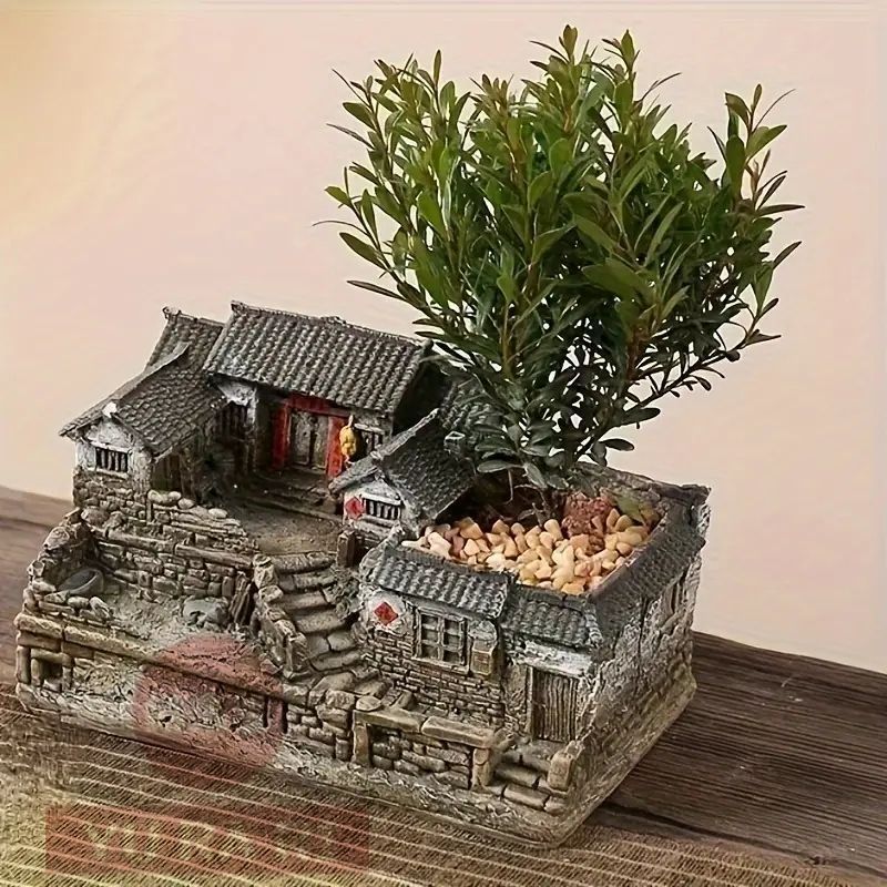 【新品未使用】風情ある素朴な樹脂製カントリーハウスプランター - レトロな農村スタイルで、植物は含まれていません#128