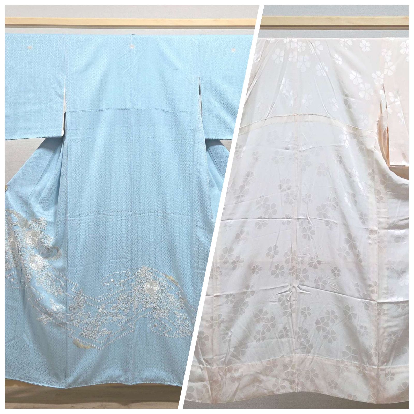 B◆着物くつろぎ 松皮に菊花模様 金糸 刺繍 萩 のりチラシ 松葉 紗綾形 袷 正絹 色留袖 襦袢セット 着物