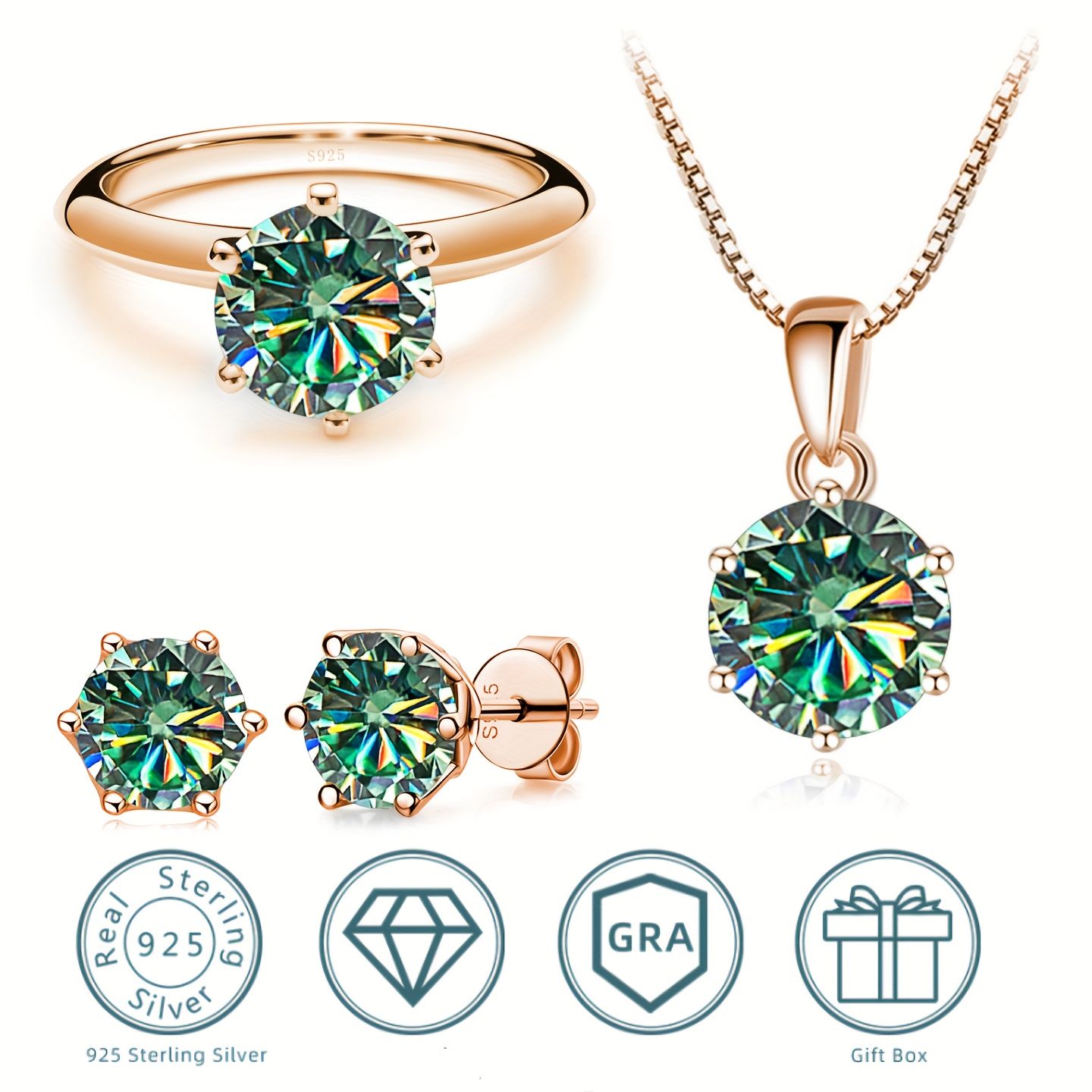 モアッサナイトネックレス1ct×4 モアッサナイトリング1ct モアッサナイトイヤリング1ct×2 925スターリングシルバージュエリーセット マルチ ギフトボックス付き