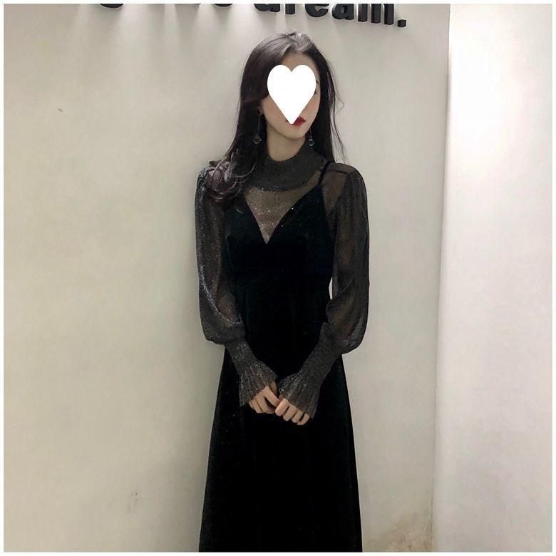 ベロア ロングワンピース 長袖 シースルー 結婚式 パーティードレス