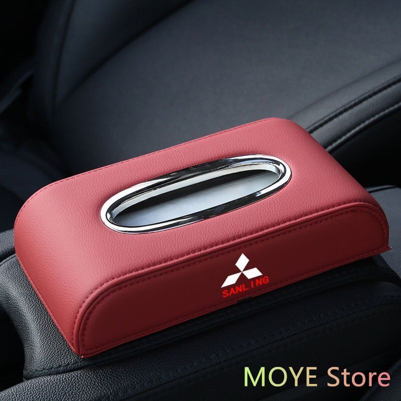 三菱 MITSUBISHI 車用ティッシュボックス　高級ティッシュケース 　車内収納ケース　磁石開閉 　カバー ロゴ入り　防水 レッド