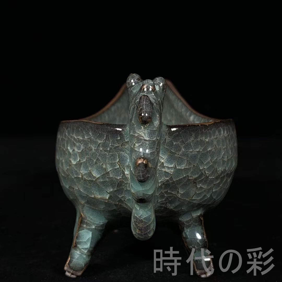 中国古美術 宋代 官窯 氷裂紋 龍頭 流杯 青磁 酒具 酒器 古陶磁器 旧蔵 古賞物 古玩 時代物 R0710110138