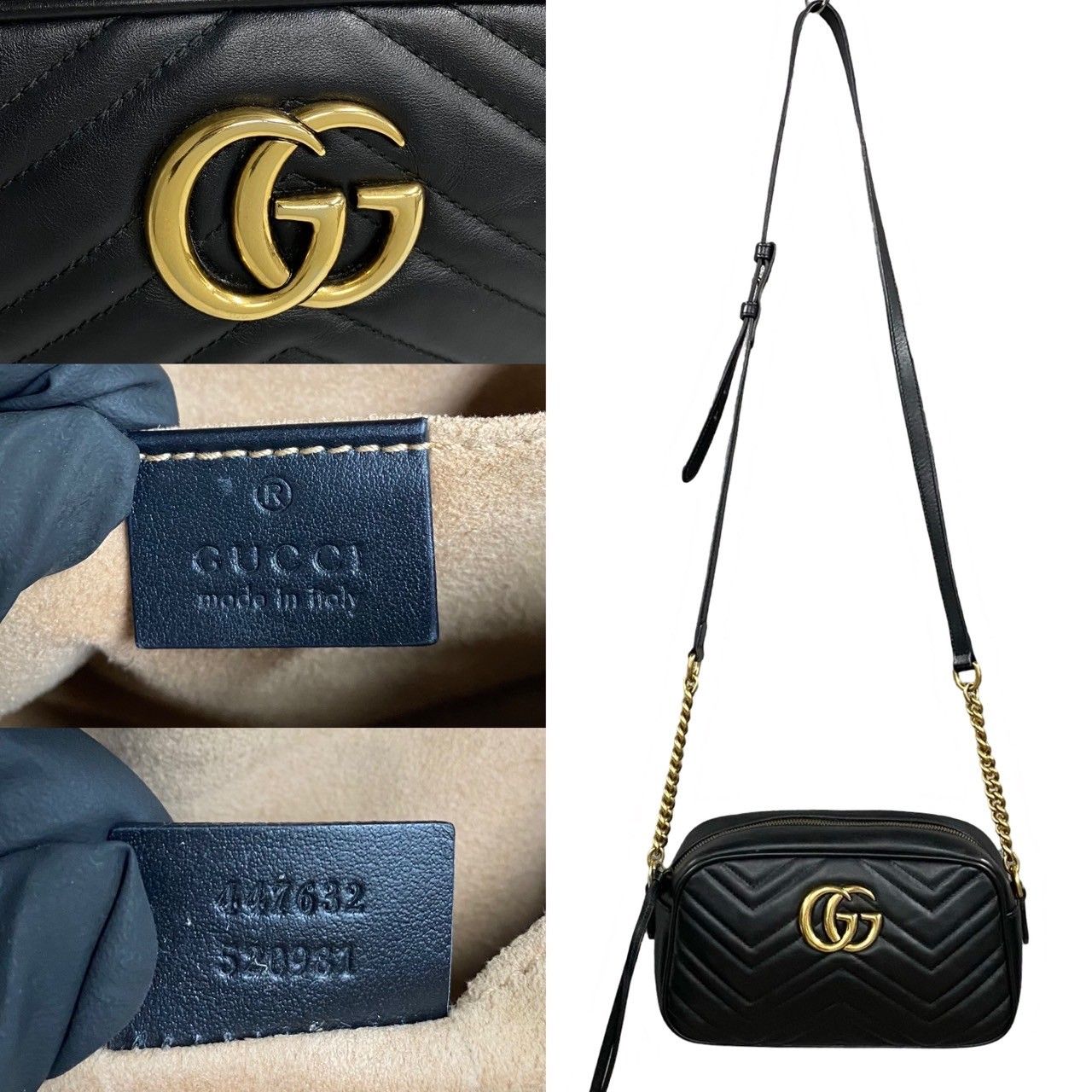 極 美品 GUCCI グッチ GGマーモント キルティング ロゴ 金具 レザー 本革 チェーン ショルダーバッグ ミニ ポシェット ブラック 黒  257-7 - メルカリ