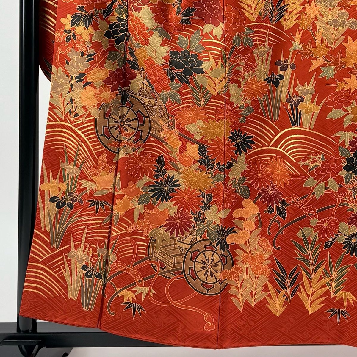 振袖 身丈158.5cm 裄丈66.5cm M 袷 花車 牡丹 金糸 金彩 オレンジ 正絹 秀品