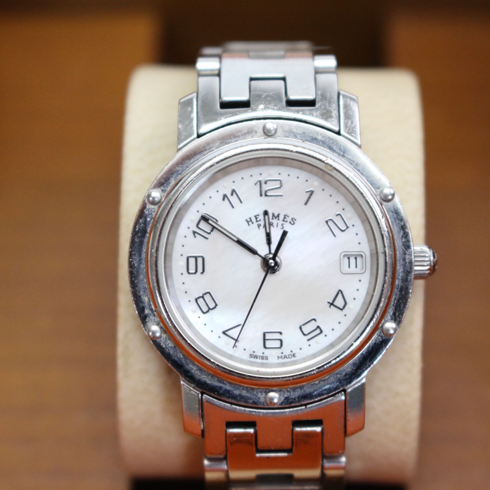 IS650 HERMES エルメス クリッパーナクレ CL.4.210 腕時計 ホワイトシェル クオーツ 10月に電池交換済み