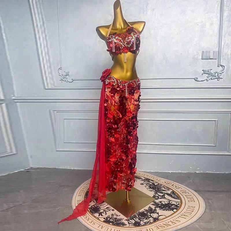 【お気に入り】 ♥ ベリーダンス オリエンタル衣装 薔薇 レッド ブラ スカート オーダーメイド レッド