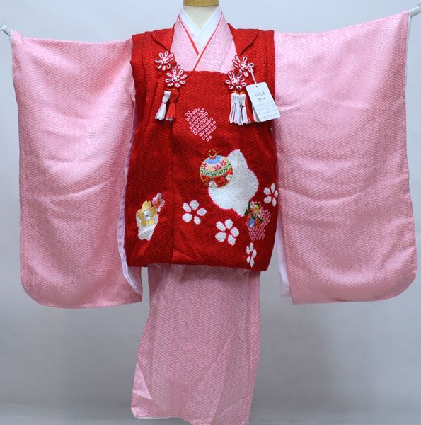 七五三 三歳 女児 被布着物フルセット 正絹 綸子 絞り 柄刺繍 NO33643 七五三 三歳 女児 被布着物フルセット 正絹 綸子地 絞り 柄刺繍