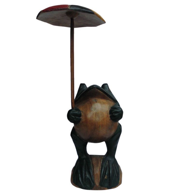 アジアン雑貨 傘持ちカエルの木彫り9 カエル 帰る