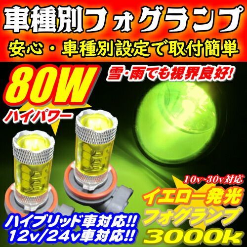 メール便送料無料 最新 雪雨霧に強い グランビア KCH.VCH1# H11.08～H14.05 HB4 車種別LEDフォグランプ 80W イエロー色発光 3000K 雨・雪・濃霧等悪天候対応