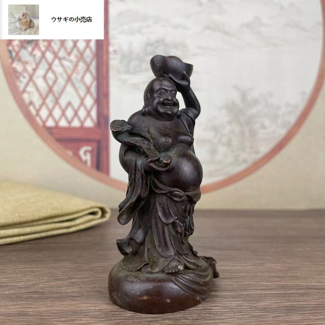 布袋 七福神　軍配　銅製 彫刻 仏像 置物　風水 開運 金運 骨董　アンティーク Amazon.co.jp: 開運招財 純銅製造 「高僧布袋様」＜仏像・開運