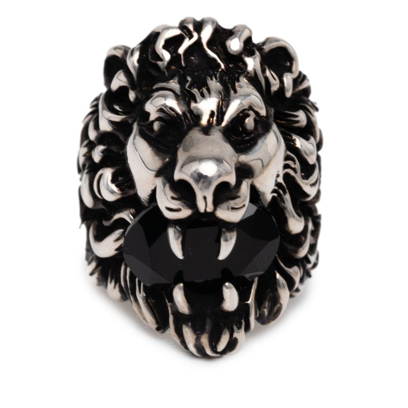グッチ ライオンヘッド リング 指輪 16 シルバー ブラック メタル ストーン メンズ GUCCI 1-0235361