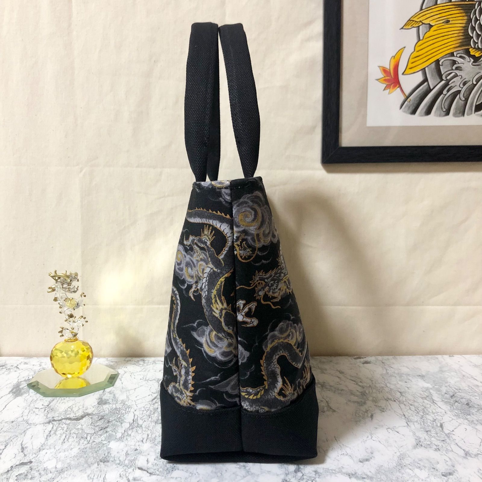 中指ミニトートバッグ ブラック 和柄(龍) ハンドメイド メンズ レディース ハンドバッグ ストリート