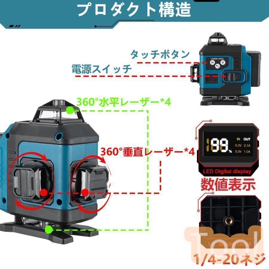 レーザー墨出し器水平器4x360°グリーンレーザー16ライン高輝度25メートル作業範囲レーザーレベル自動補正360°回転台屋内屋外兼用IP65防塵防水