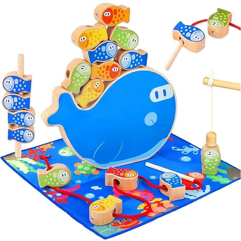 CORPER TOYS 木製おもちゃ 4in1 パズル 魚釣りおもちゃ ひもとおし 紐通しおもちゃ バランスゲーム 棒通し遊び かわいい 木製パズル クリスマス プレゼント おもちゃ