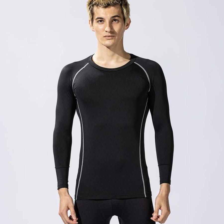 おたふく手袋 冬用インナー 長袖 丸首 保温 起毛 コンプレッション 吸汗速乾 メンズ JW 174 ブラック LL 組