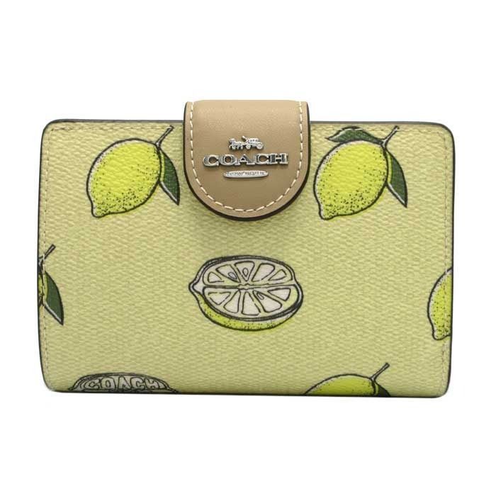 コーチ 財布 二つ折り財布 COACH CORNER ZIP WALLET レモン プリント ミディアム ウォレット パスケース付き CAP02 SVXUC イエロー系×マルチ アウトレット レディース