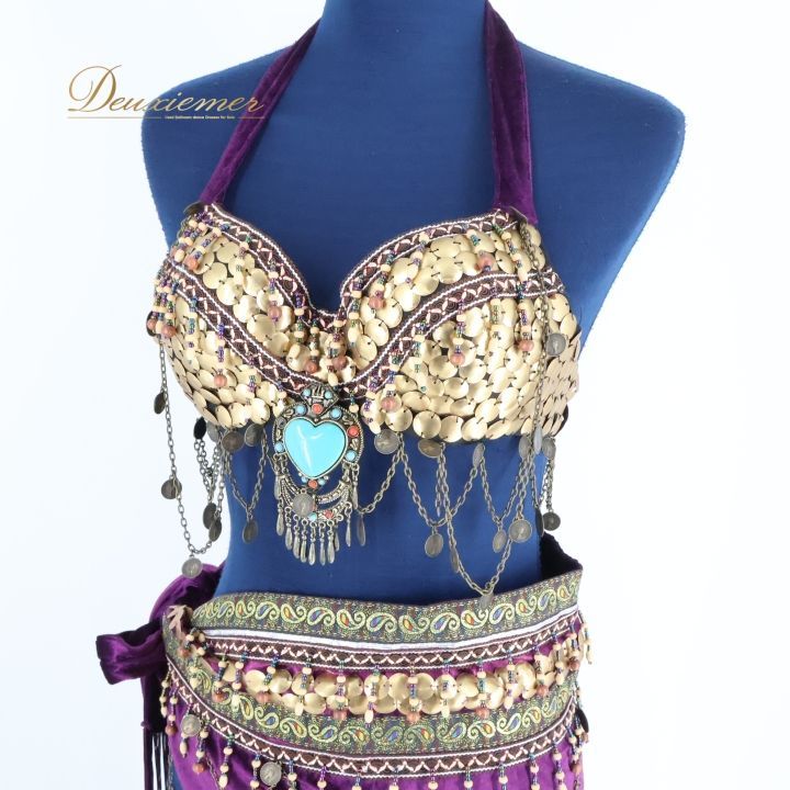 ベリーダンス トライバル 衣装 パープル系 紫 ゴールド系 ダンス 装飾 フリンジ ベロア ラメ 練習 舞台 発表会 イベント コスチューム ダンス衣装 セット トップス ベルト おしゃれ かわいい 競技会 フェスティバル