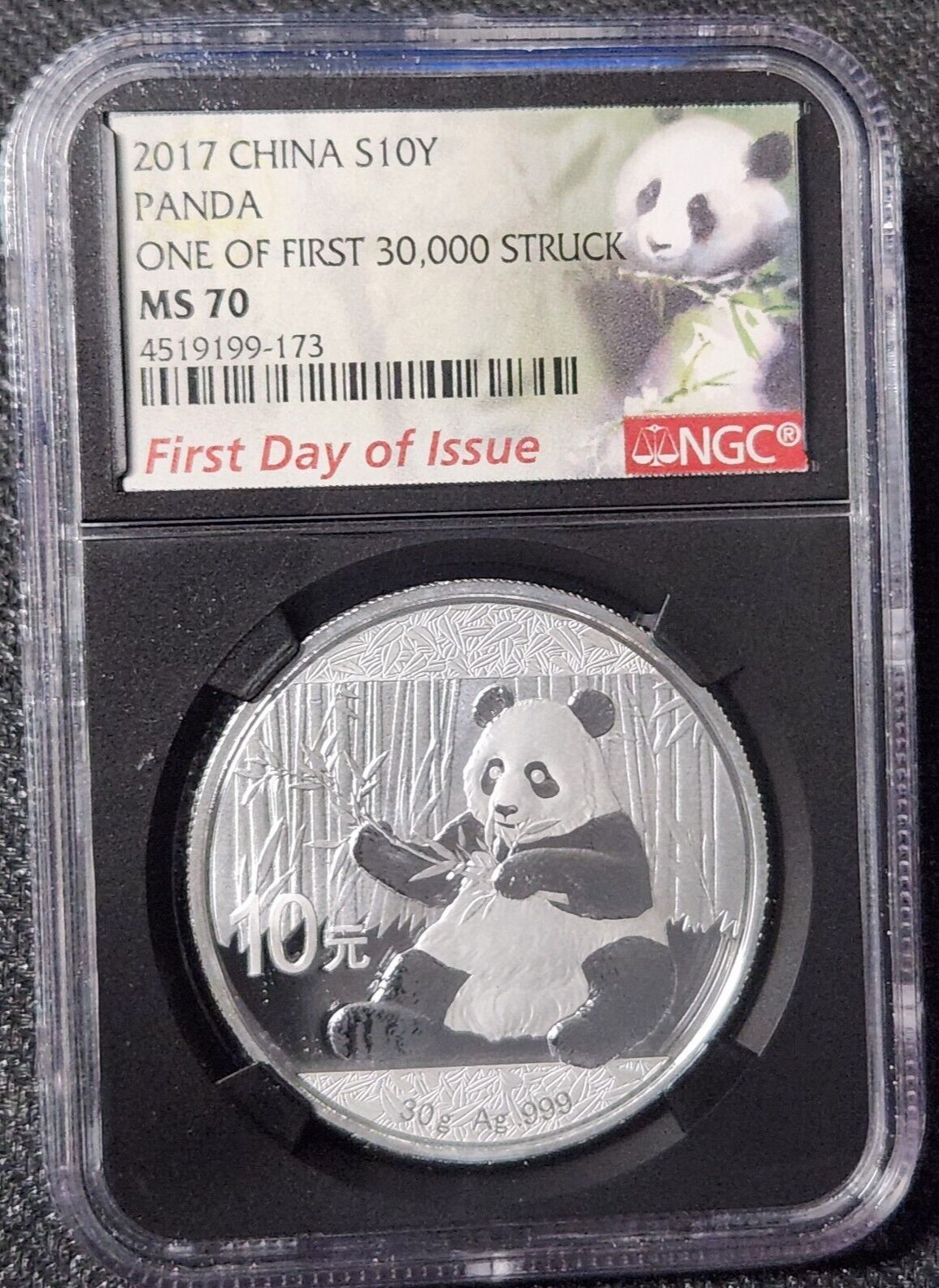2017 China 30 Gram Fine Silver Panda 10Y Of First 30 000 Struck MS70