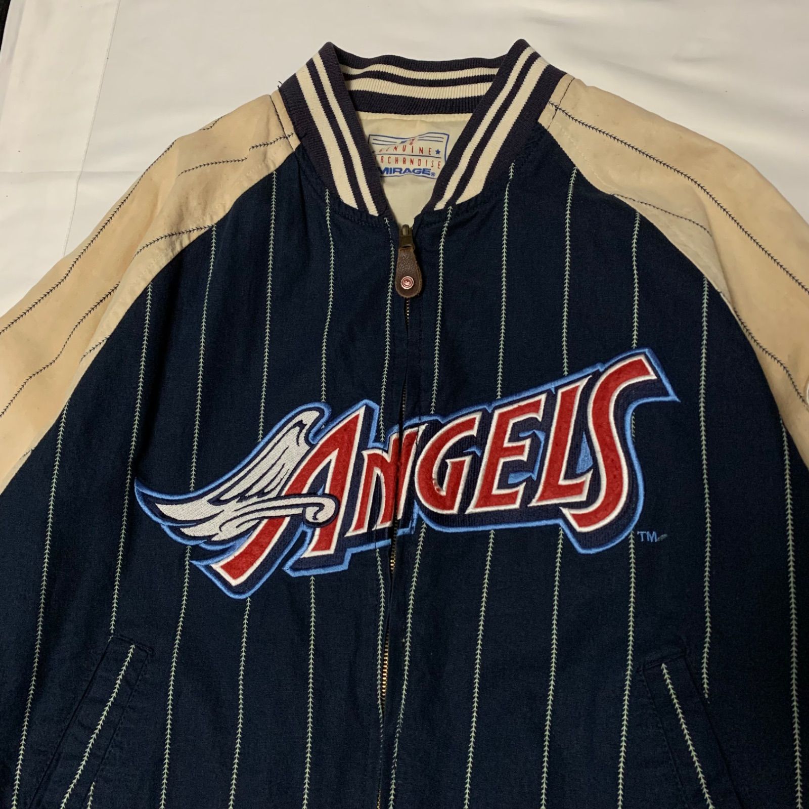 90s MIRAGE “ANAHEIM ANGELS” Reversible Cotton Stadium Jacket ミラージュ アナハイム・エンゼルス コットンスタジアムジャケット スタジャン リバーシブル ネイビー ライトベージュ Lサイズ MLB