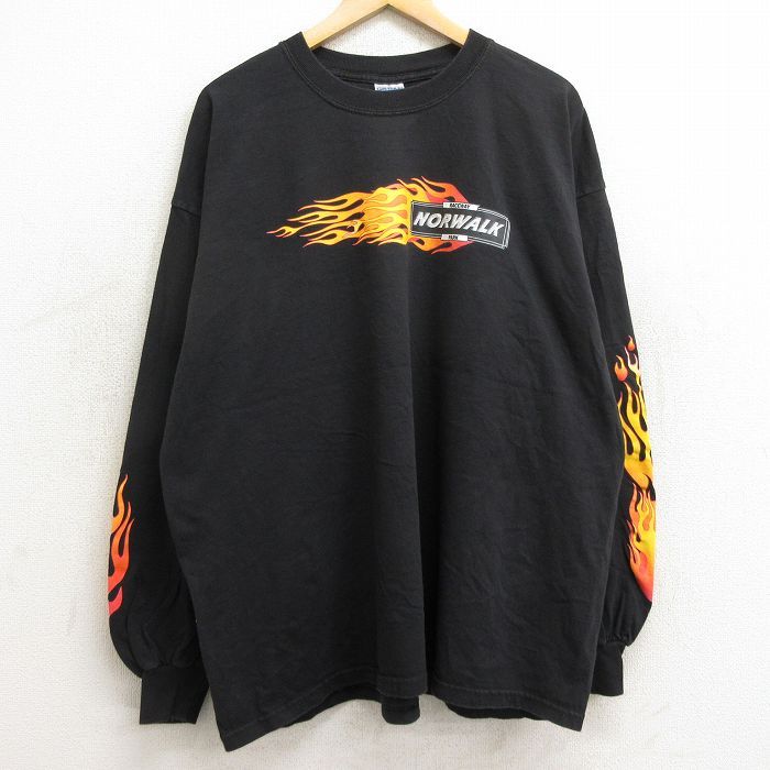 XL/古着 長袖 ビンテージ Tシャツ メンズ 00s 炎 NORWALK 大きいサイズ コットン クルーネック 黒 ブラック spe 24jul30 中古
