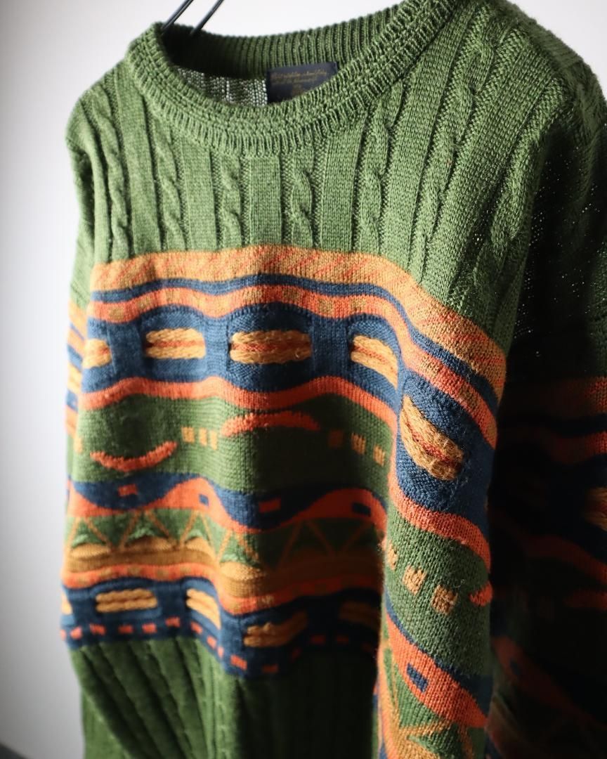 arieニット✿【vintage】3D 立体 総柄 デザイン ウール混 ニット セーター 緑系