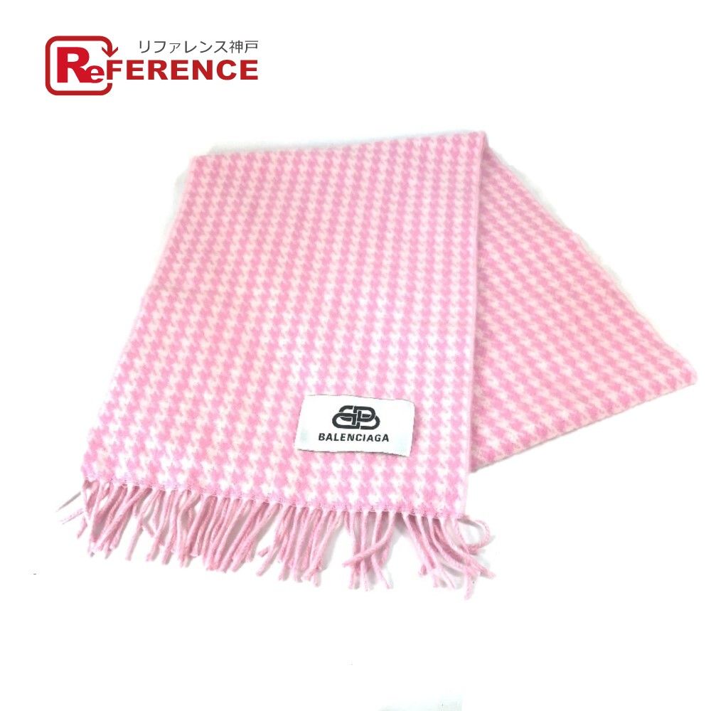 BALENCIAGA ロゴマフラー ピンク＆ブラック【美品】お値下げ BALENCIAGA バレンシアガ マフラー チェック ロゴ ウール/カシミヤ