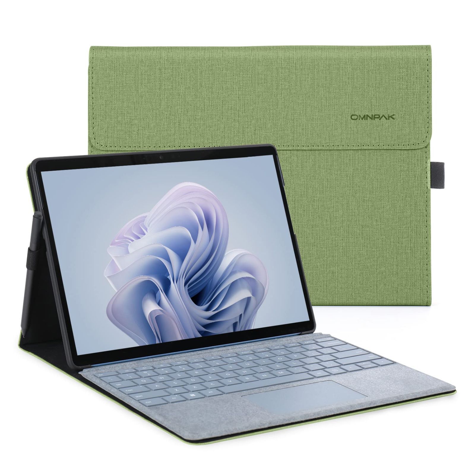 グリーン Omnpak Microsoft Surface Pro 9 2022 ケース 保護カバー Surface Pro 9カバー 表面内蔵保護 多視角 スタンド ケース キーボードを収納軽量 薄型 ペンホルダー付き PU スマート カバー