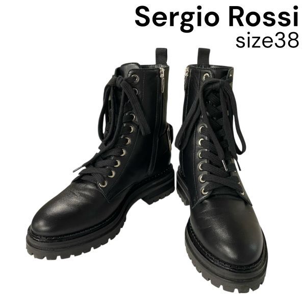 セルジオロッシ Sergio Rossi BIKER PRINCE ブーツ レースアップ サイドジップ アンクルブーツ 黒 レザー 38 25cm レディース 5E024