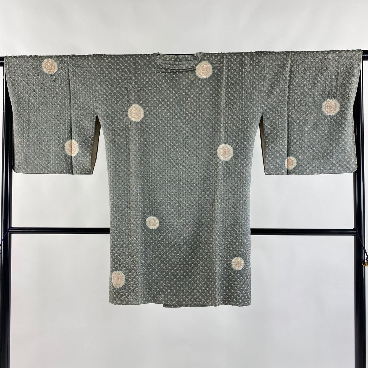道行 身丈92cm 裄丈66cm M 和装コート 角衿 幾何学模様 地紋 絞り 灰緑 正絹 秀品