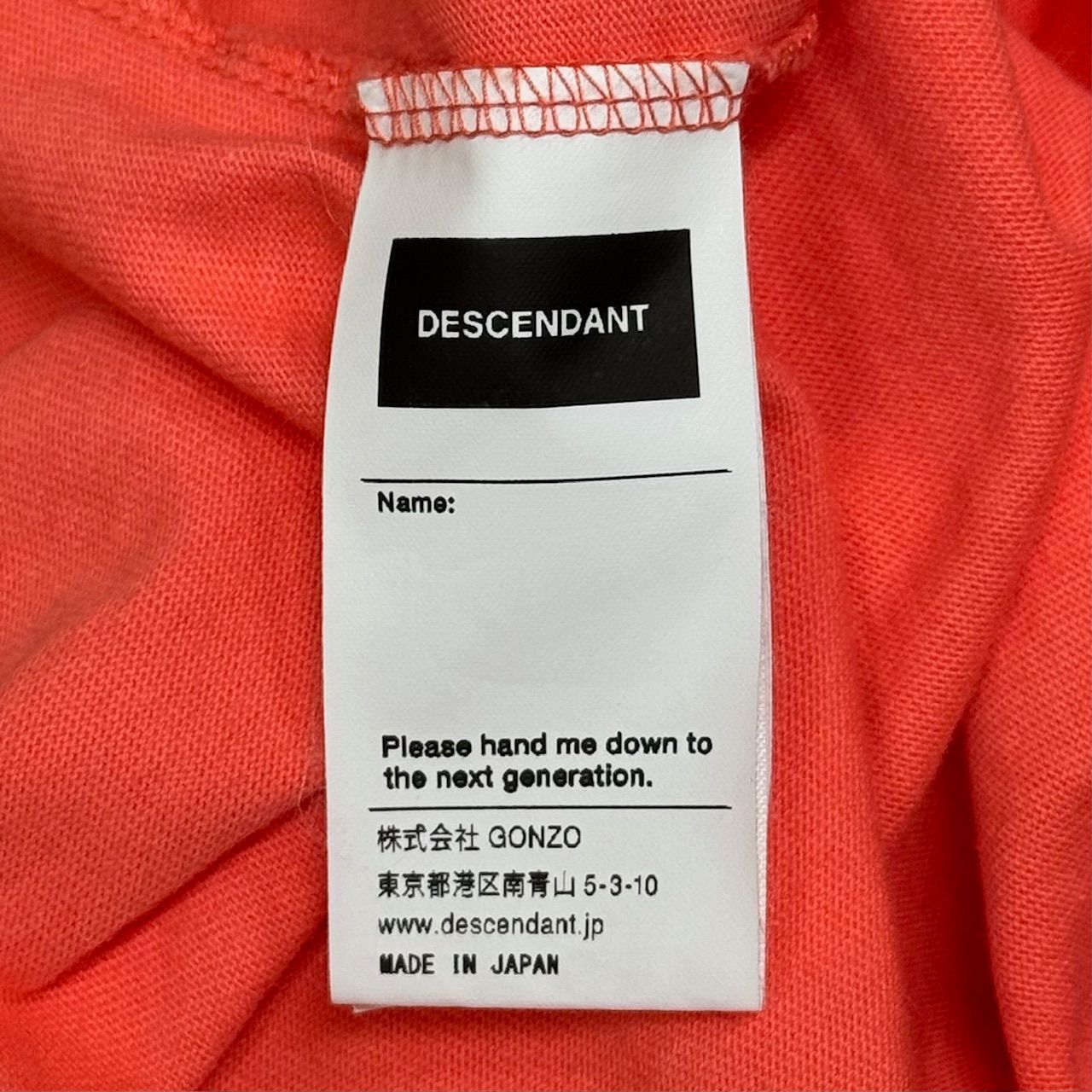 定価15400円 新品 DESCENDANT 24SS ORGANIC COTTON SS オーガニックコットンTシャツ カットソー ディセンダント 241ATDS-CSM04 オレンジ 3 76999A5