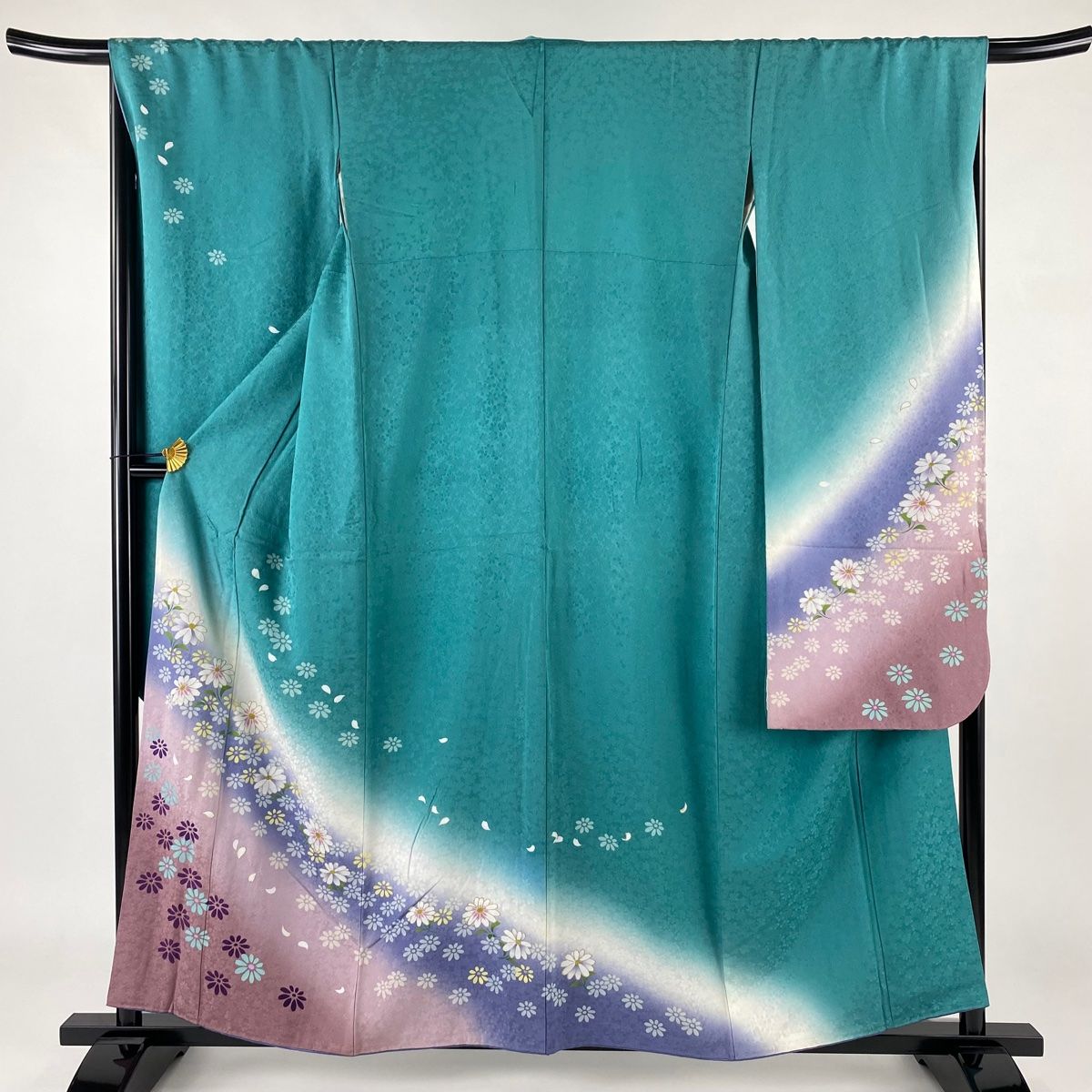 振袖 絞り 金彩 水色×朱色 ぼかし 身丈157 裄67 振袖 身丈157.5cm 裄丈68cm L 袷 草花 花びら 金彩 ぼかし 青緑
