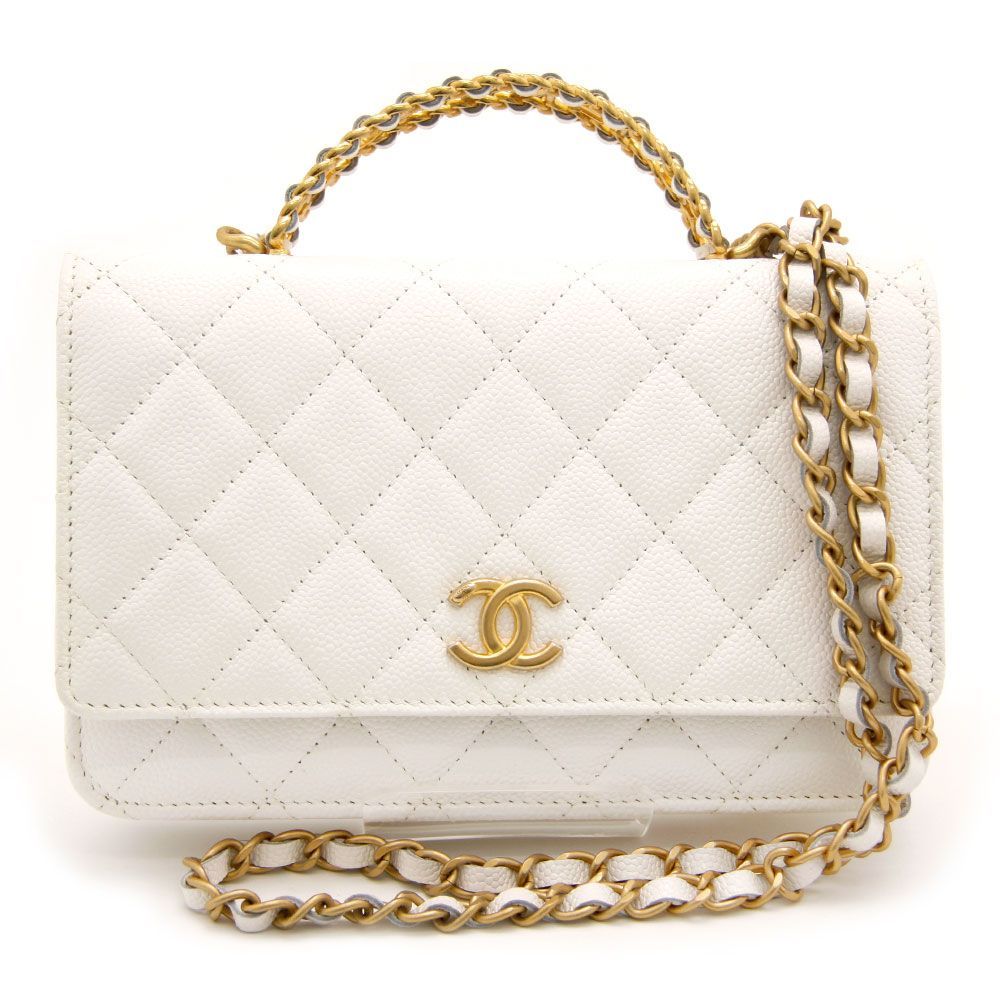 【中古美品】シャネル ショルダーバッグ キャビアスキン マトラッセ トップハンドル ウォレットチェーン 白 CHANEL ゴールド金具 イタリア製  coco ココマーク ミニバッグ