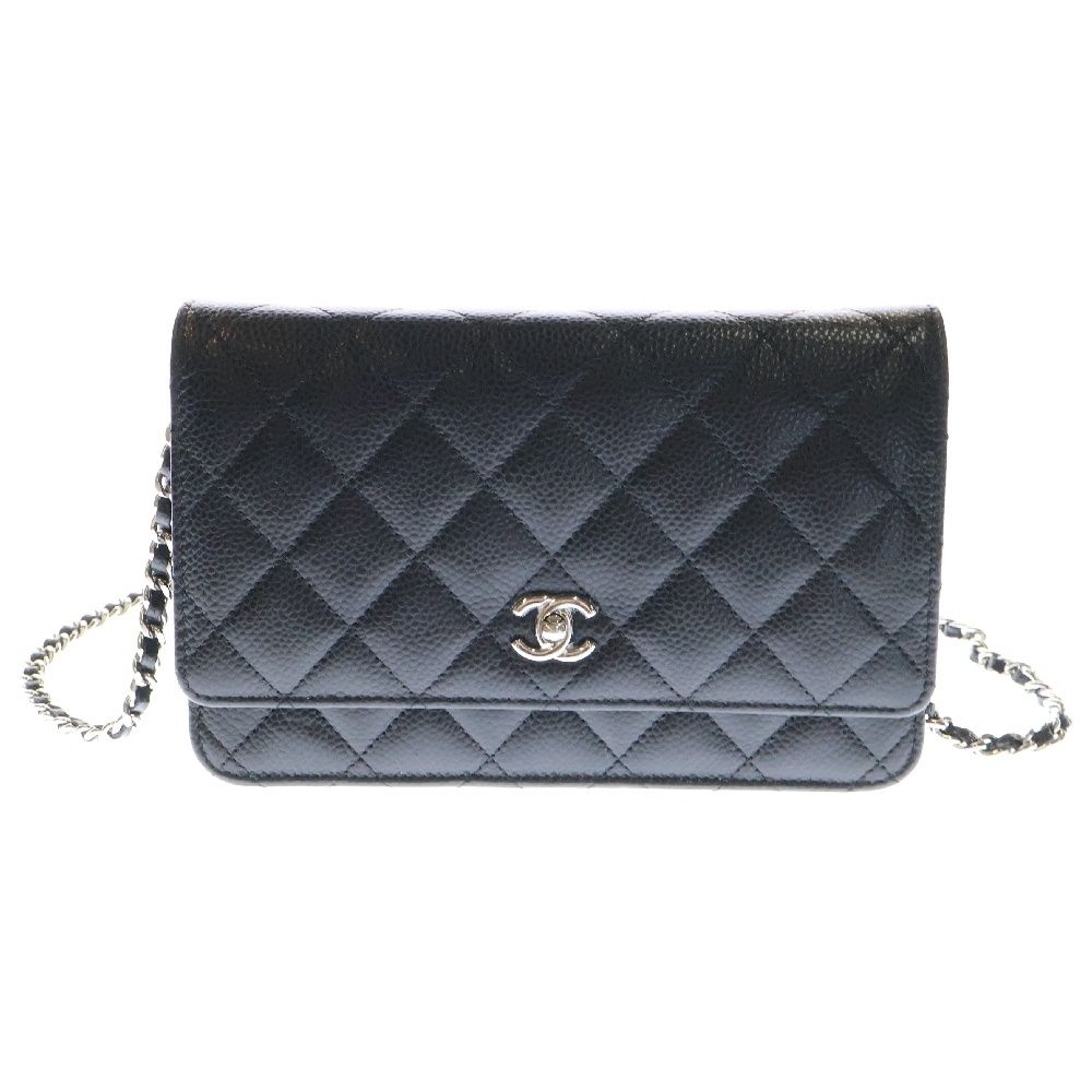 CHANEL シャネル チェーンウォレット ショルダーウォレット ショルダーバッグ ブラック キャビア シルバー金具 プレート AP0250