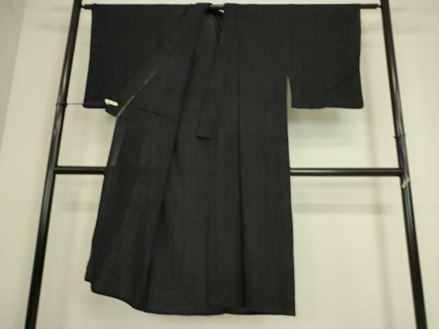 平和屋着物▽男性 紬 単衣 縮織 縞 黒地 正絹 逸品 DAAS0245az