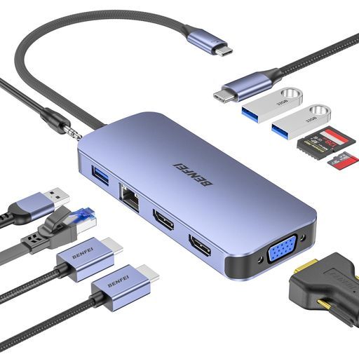 低価，新作 BENFEIUSB-C11-in-1マルチディスプレイドッキングステーション高耐久シリコンケーブル付属トリプルHDMI/VGA/3USB3.0/SDu0026TFカードリーダー/ギガビットLAN/100WPD充電/3.5mmオーディオ対応 USBハブ