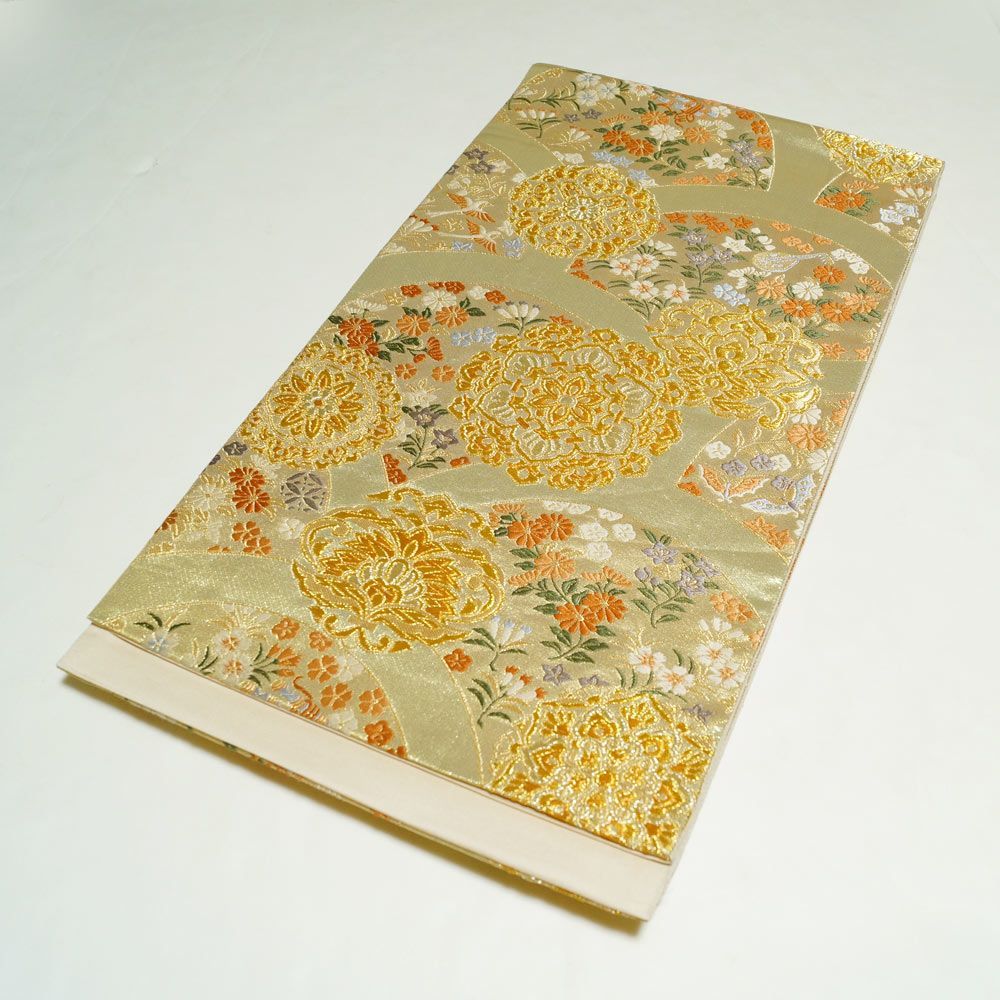 袋帯 地紙に華文、百花模様 六通柄 金糸 金色系 【送料無料 袋帯 中古  
