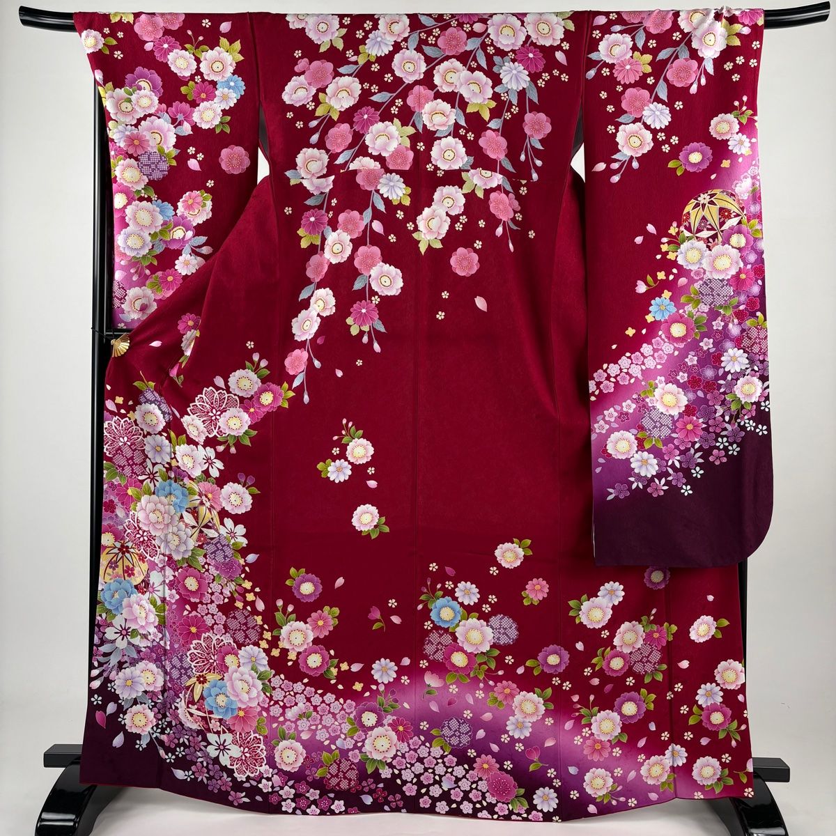 振袖 身丈168cm 裄丈70cm L 袷 鞠 桜 箔 ぼかし えんじ色 正絹 名品