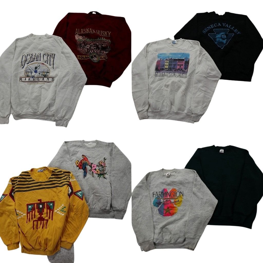 古着卸 まとめ売り オールドスウェット 8枚セット (メンズ L /XL ) 無地系 トリ アラスカ 大判プリント グレーワインレッド 丸首 MW7207