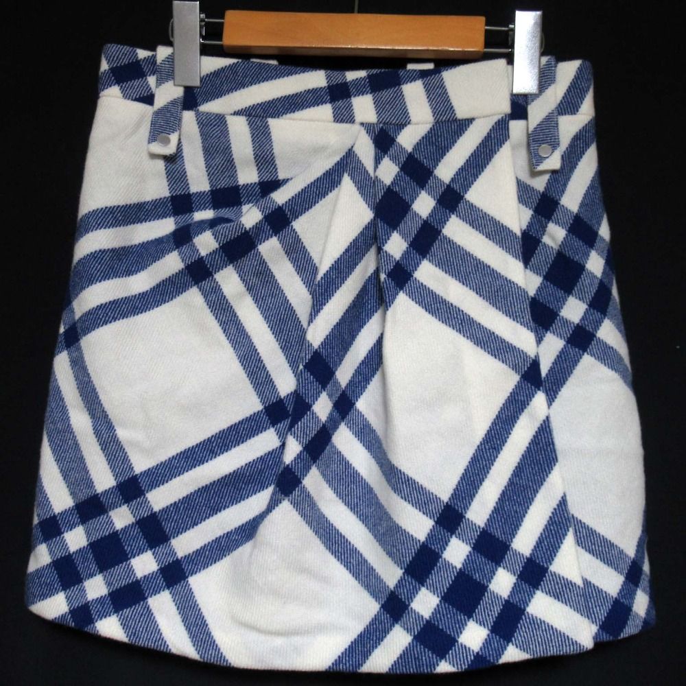 BURBERRY バーバリー チェック柄 ウール タックプリーツ ラップミニスカート 8077461 サイズIT36 ホワイト×ブルー レディース 古着