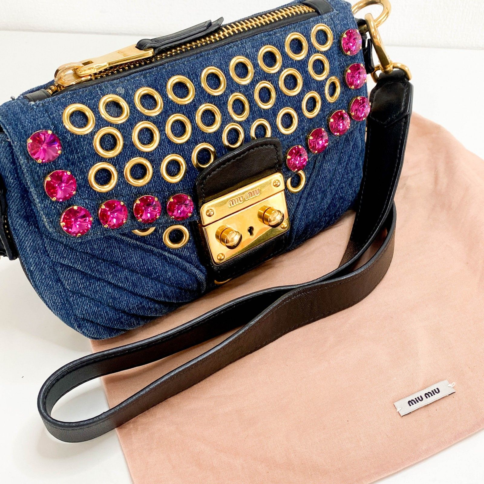 MIU MIU / ミュウ ミュウ】デニム ショルダーバッグ ラインストーン  